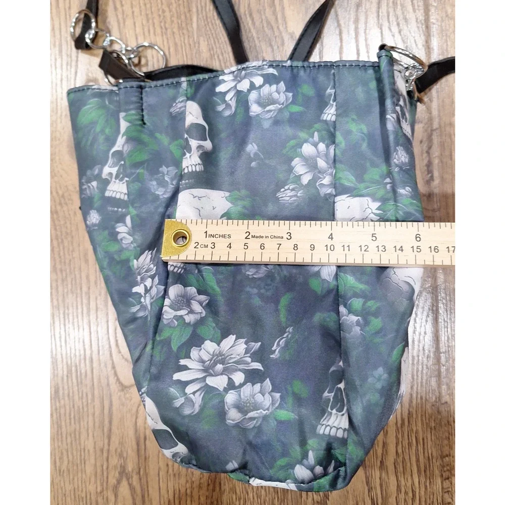 Fashion Purse Black Tote Bag with White Skulls and Green Floral Design